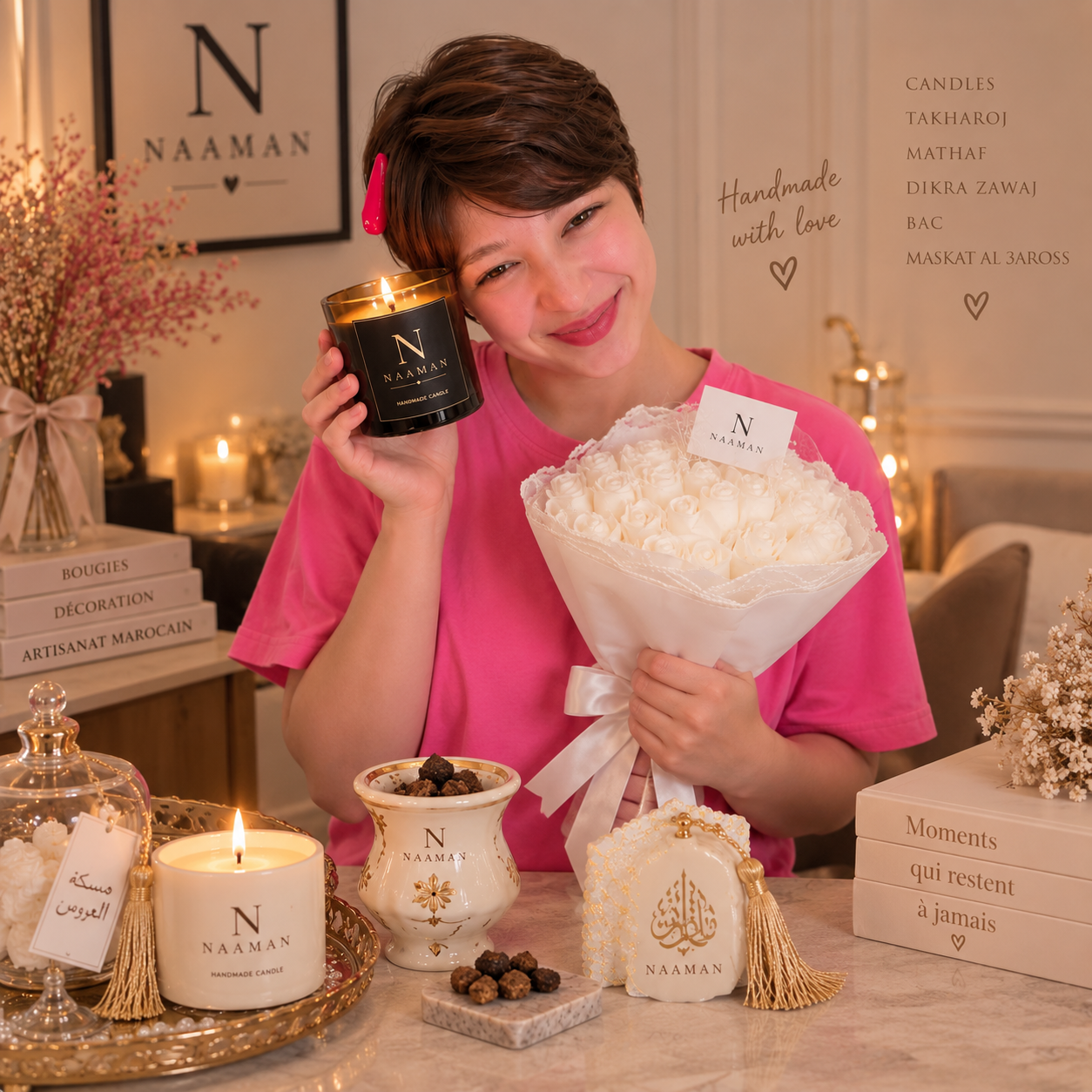 Fondatrice de NAAMAN tenant une bougie artisanale allumée